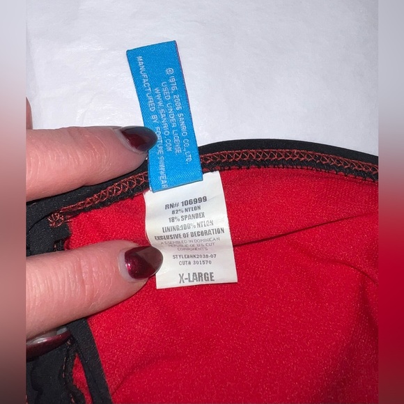 Adorable Hello Kitty string bikini. Exc condition. XL top, L bottoms. Black/red. - Picture 5 of 8